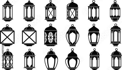 Decorative lantern silhouettes set isolated on white background, vintage outdoor hanging lamps collection for garden patio lighting design illustration vector icons