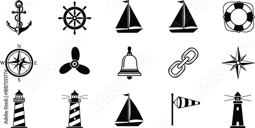 Nautical marine icons set isolated on white background, sailing navigation symbols including anchor compass lighthouse ship wheel for maritime ocean travel design illustration