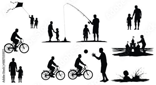 Happy father and son silhouettes engaging in various activities together