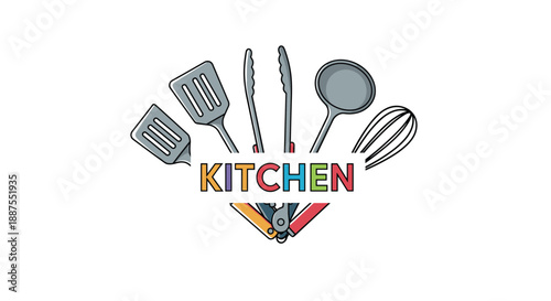 Variety of kitchen utensils including spatula tongs ladle and whisk arranged behind colorful text logo for cooking theme.