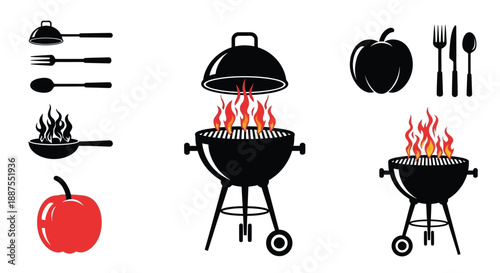 Grilling icons with utensils and fruits
