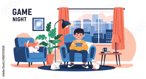 Young boy sitting in armchair playing mobile games on his phone in cozy living room with pet cats during game night event.