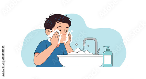 Young boy washing his face with soap bubbles at white bathroom sink to maintain personal hygiene and daily skin routine.