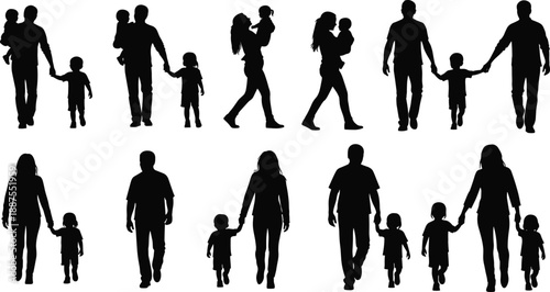 Silhouettes of parents holding and walking with young children in a simple, clean presentation family