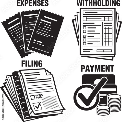 Flat Design Tax Filing Concept with Expenses, Withholding, Payment, and Documents Vector Illustration