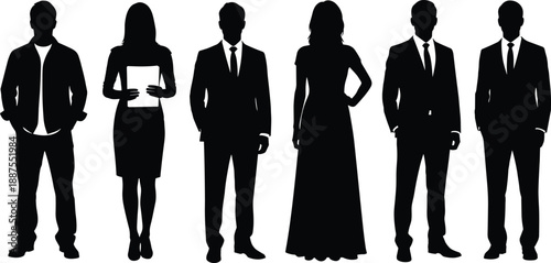 Six black silhouette figures of men and women dressed in formal attire including suits and a long evening gown