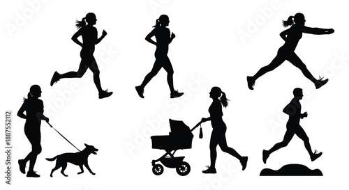 Women running and jogging with dog and stroller silhouette