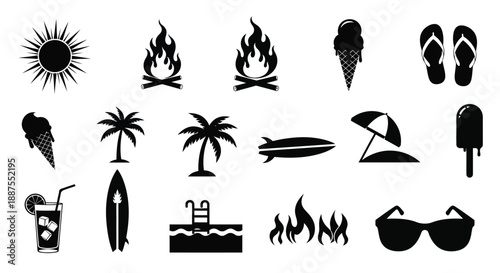 Summer vacation icons set with beach and fire elements
