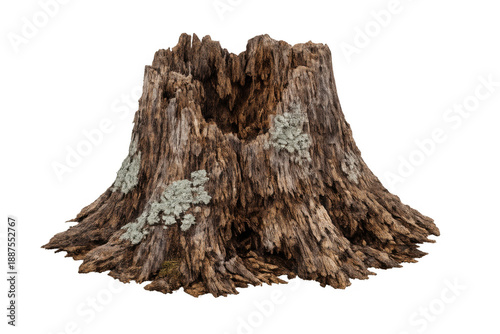Old tree stump with decaying wood, roots, and lichen, symbolizing time, nature, and rustic textures on transparent background