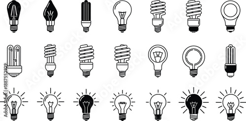 Black and white vector icon set of various light bulb types including incandescent halogen spiral fluorescent and LED lamps for energy electricity and idea design