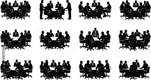 Black vector silhouette set of diverse business professional groups sitting at tables for corporate office meetings conferences teamwork and successful boardroom leadership design