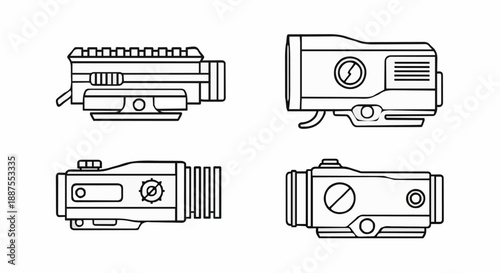 Tactical Optical Sight and Rifle Scope Component Set Featuring Technical Line Art Illustrations of Precision Aiming Devices