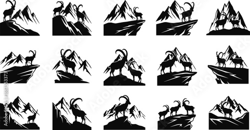 Black vector silhouette set of fifteen mountain goats and ibex standing on rocky cliffs and high peaks for wildlife nature and outdoor adventure design