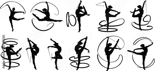 Black vector silhouette set of twelve rhythmic gymnasts performing with ribbons and hoops for sports competition dance fitness and athletic artistic grace design