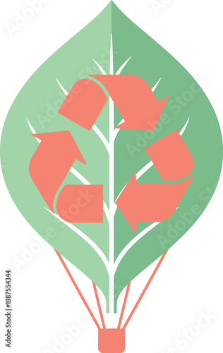 Leaf Shaped Hot Air Balloon With Recycling Arrows Pastel Green And Coral Flat Vector Illustration