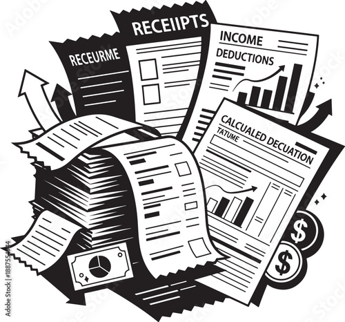 Flat Design Tax Season Vector Illustration with Receipts Income Deductions and Calculated Tax