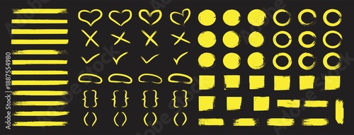 Yellow marker highlighters. Set of arrows, ovals and underlines. Text highlighter pen, yellow marker, bold underlines and strokes.
