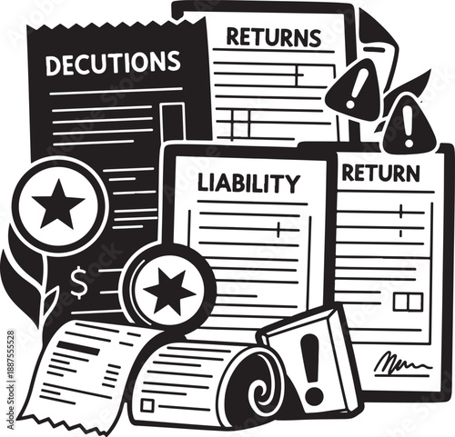 Hand-Drawn Tax Season Vector Illustration with Deductions, Returns, and Liability Forms