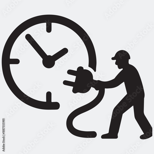 Worker silhouette unplugging a clock power cable, symbolizing ending work, time management, and work-life balance isolated white background