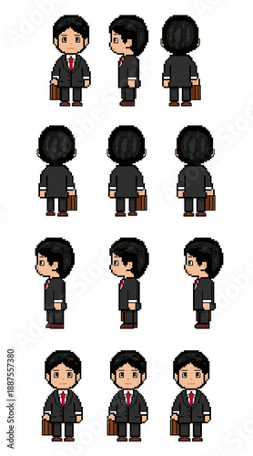 Pixel Art Businessman Sprite Black Suit Standing and Walking Animation
