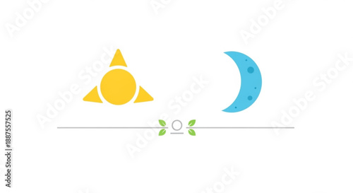 Trigonometric sun symbol and crescent moon with floral element on horizontal line