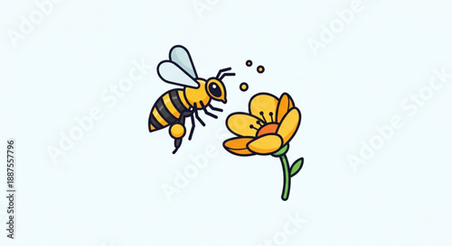 A cartoon bee flying towards a bright yellow flower with black stripes on its body and transparent wings in air