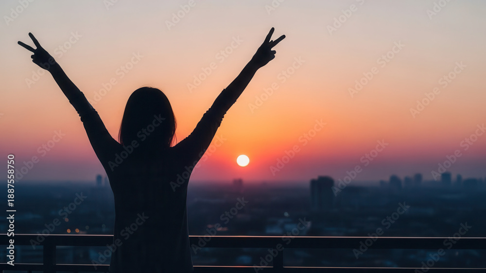 Fototapeta premium Silhouette of a woman stretching her arms triumphantly on a balcony at sunrise, with a vibrant orange and pink sky illuminating the city skyline below