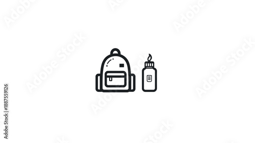 A black and white illustration of a backpack next to a water bottle with a flame icon