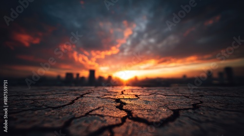 Sunset cityscape cracked earth