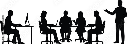 Black business meeting silhouette illustration showing office teamwork, discussion, presentation and collaboration with manager explaining ideas in professional corporate workplace isolated 