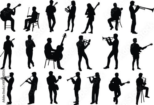 Silhouettes of diverse musicians performing with guitar, trumpet, trombone and double bass, illustrating artistic live concert atmosphere, musical expression and dynamic instrumental performance