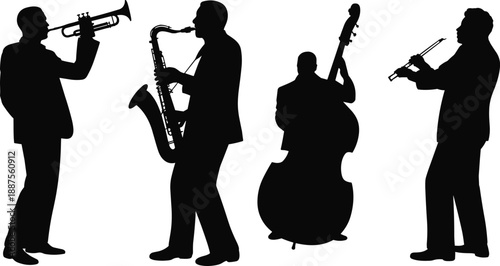 Silhouettes of jazz musicians performing with trumpet, saxophone and double bass, expressing artistic live concert atmosphere, musical harmony and dynamic instrumental performance on stage
