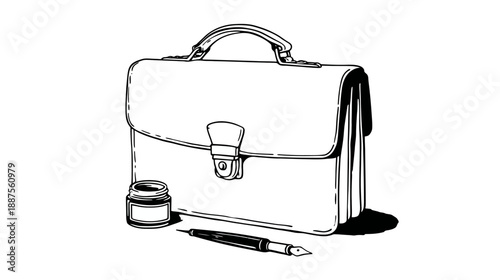 Black and white illustration of a briefcase, inkwell, and fountain pen, ready for work