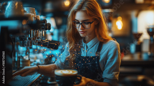 a barista using smart coffee machines connected to IoT network in a modern café
