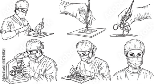 Detailed black and white line drawings illustrating various surgical procedures and medical professionals at work.