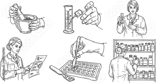 A collection of illustrations depicting various tasks performed by pharmacists, including compounding, dispensing, and managing medications.