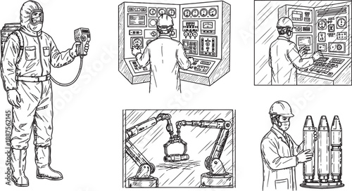 Various industrial scenes depicting workers in hazmat suits, operating control panels, robotic automation, and handling large components, illustrating safety and technology.