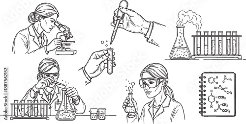 Detailed black and white illustrations of scientists performing various experiments in a laboratory setting, including microscopy, chemical reactions, and handling test tubes.