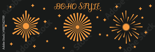 Set of boho sunrise and half sun rays line icons. various retro, geometric, and radiating line designs. Sunrise vector icon set, sun rays dawn symbols, bohemian style abstract sunset design elements.