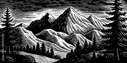 Mountain landscape woodcut