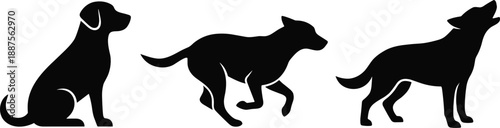 Black dog silhouette set showing sitting, running and standing poses representing pet behavior, motion, training stages and animal movement isolated on white background