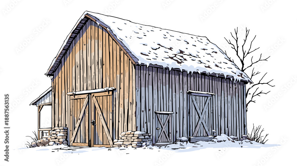 Naklejka premium A rustic wooden barn with snow on its roof and surrounding ground, featuring double doors and a small lean-to.