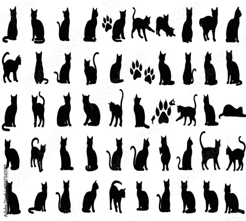A diverse collection of black silhouettes showcasing various cat breeds and poses including paw prints