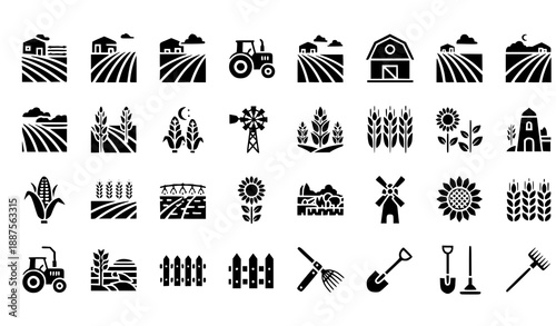 Black farm and agriculture glyph icon set with tractor field windmill and crop symbols