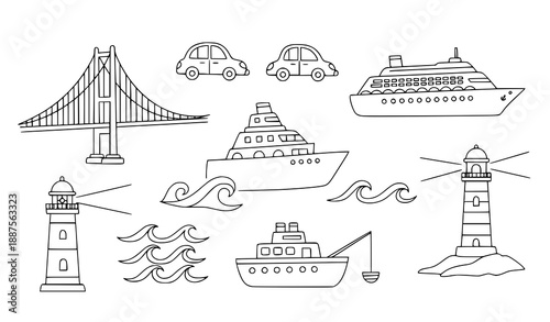 Simple hand drawn black travel and nautical doodle icons with bridge ships and sea elements