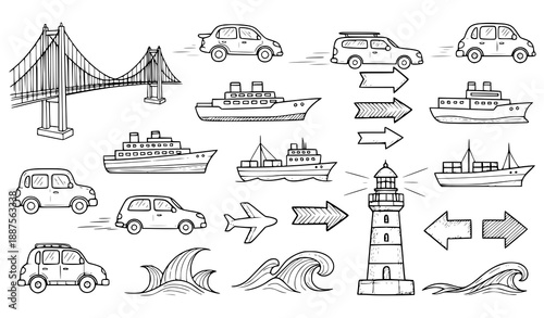 Doodle style black and white travel and maritime sketch icons with ships vehicles and lighthouse