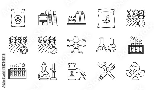 Black outline agriculture and fertilizer technology icon collection with factory and crop protection
