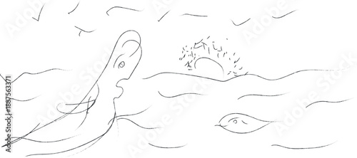 A blurry sketch of a whale and a person in the ocean