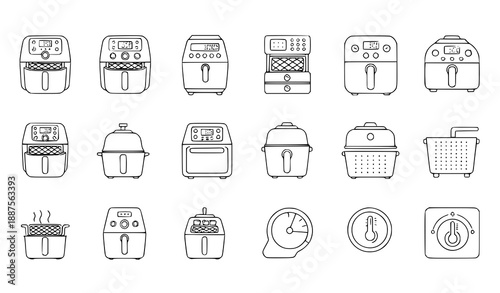 Air fryer and electric cooker black line icon set with kitchen appliance symbols
