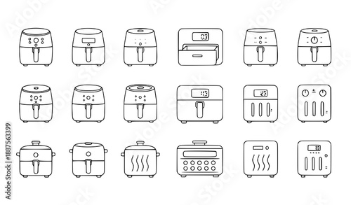Minimal black line air fryer kitchen appliance icons with electric cooker designs
